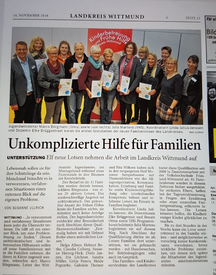 Familienlotsen erfolgreich ausgebildet. Quelle: Ostfriesen-Zeitung vom 14.11.2018.